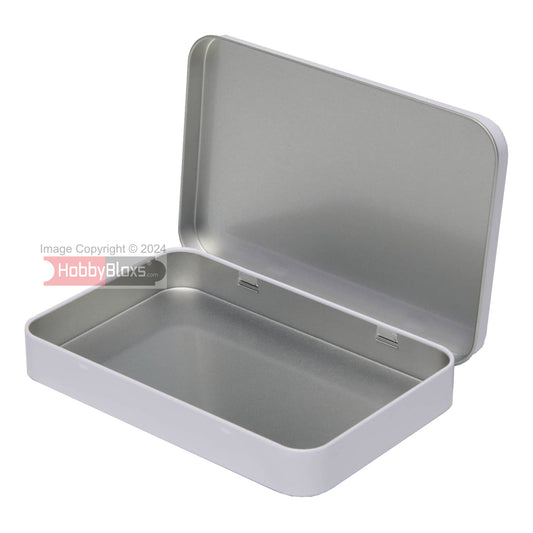 A6 White Tin Box With Hinged Lid (165mm x 110mm x 23mm) from hobbybloxs.com