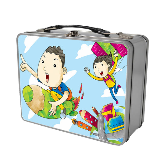 Silver Lunchbox Tin (210mm x 164mm) - Kids Flying Design